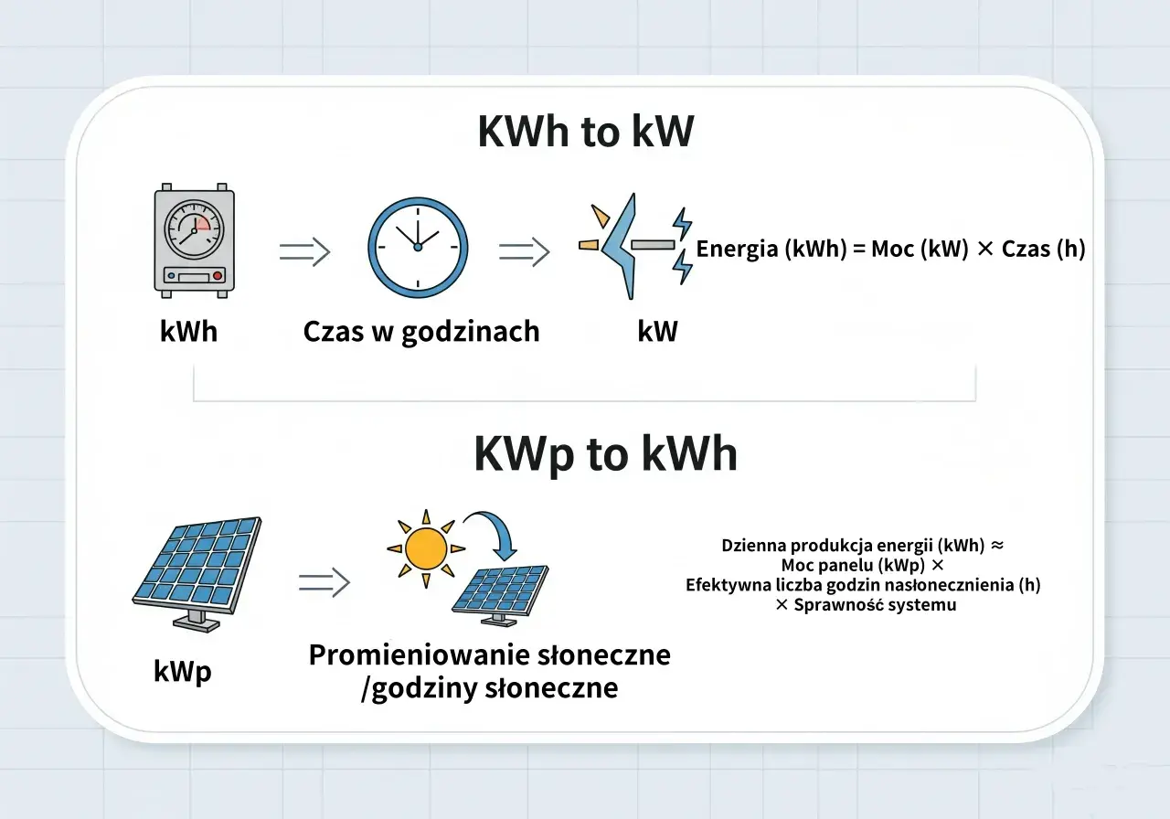 Schemat wyjaśnia, jak moc (kW) i czas (h) dają energię (kWh), a panele słoneczne (kWp) z nasłonecznieniem (h) obliczają dzienną produkcję energii w megawatogodzinach.