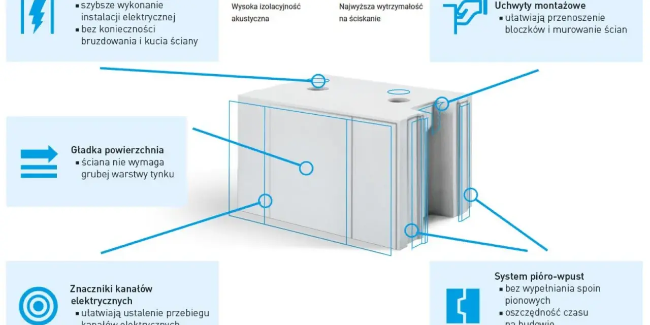 Blok z materiału **silikat** z kanałami elektrycznymi, gładką powierzchnią, uchwytami montażowymi i systemem pióro-wpust.