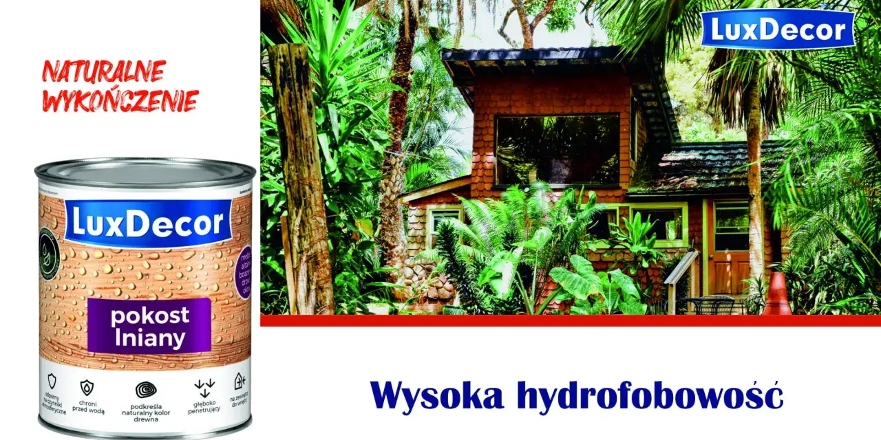 Puszka pokostu Iniany LuxDecor na tle tropikalnego domku. Produkt podkreśla naturalny kolor drewna i chroni przed wodą.