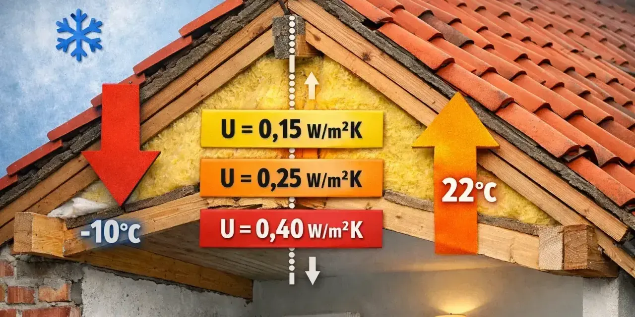 Przekrój dachu ilustruje współczynnik przenikania ciepła (U). Różne wartości U (0,15, 0,25, 0,40 W/m²K) pokazują izolację termiczną.