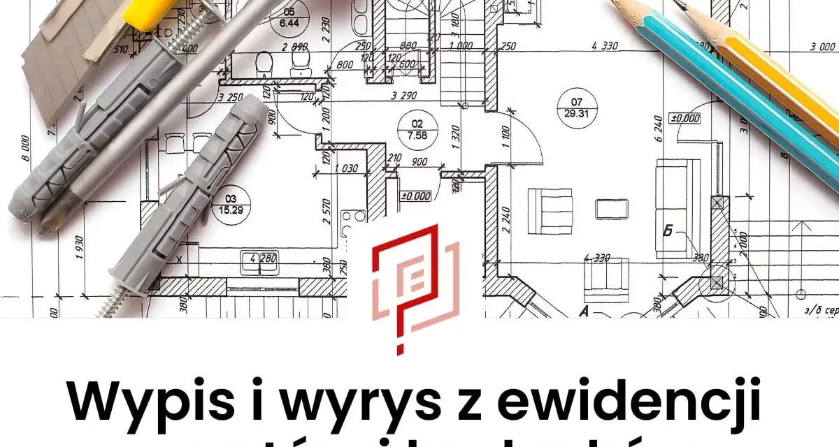Narzędzia budowlane na tle planu architektonicznego, symbolizujące przygotowania do uzyskania wypisu z rejestru gruntów.