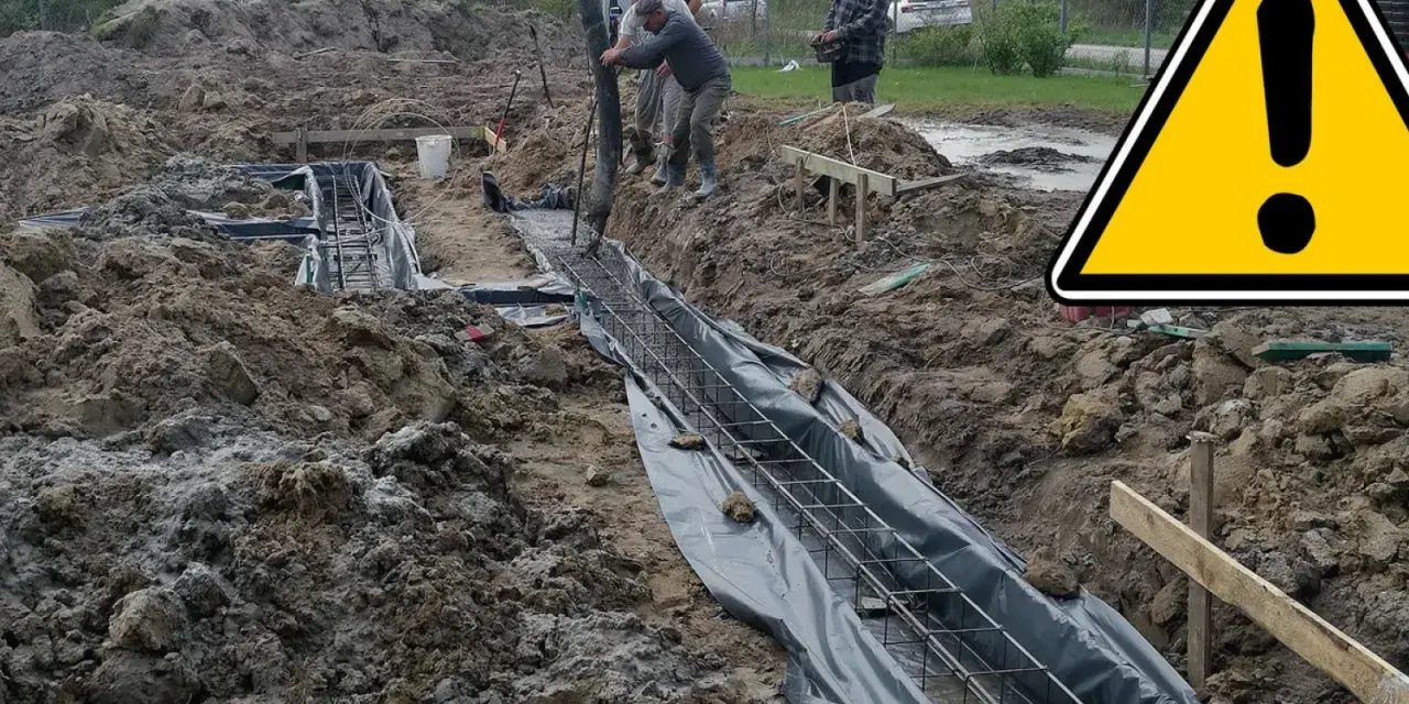 Pracownicy wylewają beton do wykopu, tworząc fundament. Widać zbrojenie i folię.