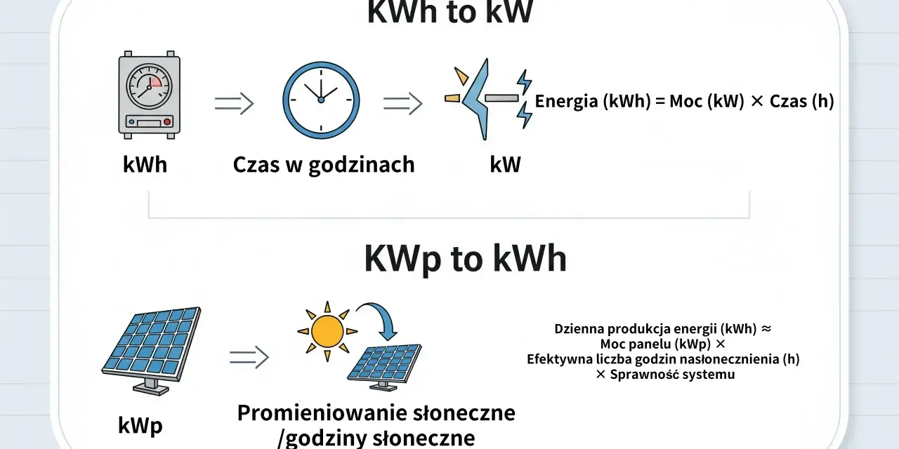 Schemat wyjaśnia, jak moc (kW) i czas (h) dają energię (kWh), a panele słoneczne (kWp) z nasłonecznieniem (h) obliczają dzienną produkcję energii w megawatogodzinach.