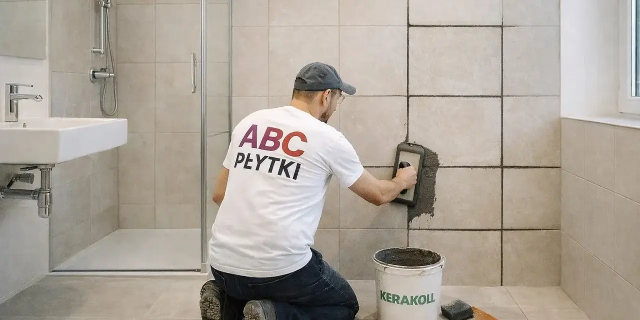 Mężczyzna klęczy i używa kielni do fugowania, pokazując, jak fugować płytki w łazience. Obok stoi wiadro z zaprawą.