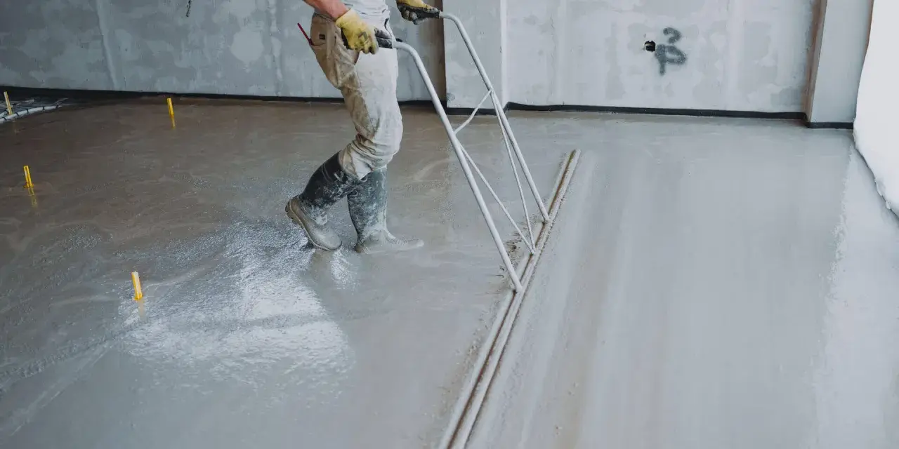 Budowlaniec wyrównuje świeży **miksokret** za pomocą specjalnego narzędzia.