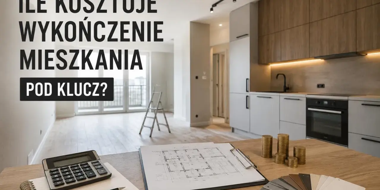 Ile kosztuje wykończenie mieszkania pod klucz? Kalkulator, plany, próbki materiałów i stosy monet sugerują planowanie budżetu.