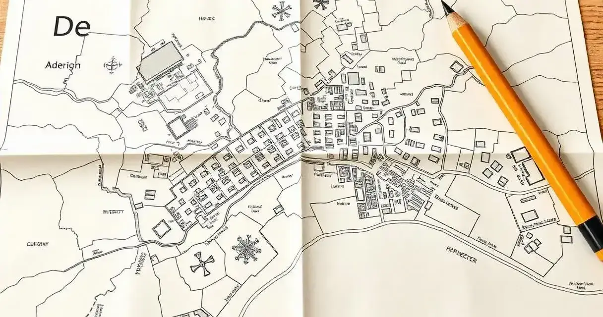 Ołówek spoczywa na złożonej mapa do celów projektowych przedstawiającej miasto z budynkami, rzeką i polami.
