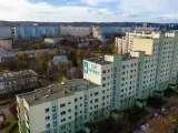 Duży blok mieszkalny S.M. Młyniec z charakterystycznym logo, otoczony innymi budynkami i drzewami jesienią.
