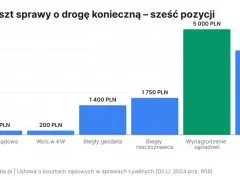 Wykres słupkowy pokazuje koszty sprawy o służebność drogi: opłata sądowa 200 zł, wpis w KW 200 zł, biegły geodeta 1400 zł, biegły rzeczoznawca 1750 zł, wynagrodzenie sąsiadowi 5000 zł, pełnomocnik 4000 zł.