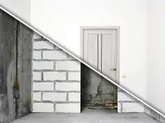 Remont starego domu od czego zacząć? Przedstawia porównanie: z jednej strony surowa ściana z cegły i beton, z drugiej wykończony pokój z drzwiami.