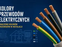 Kolory przewodów elektrycznych i ich znaczenie w instalacji. Widoczne przewody w różnych kolorach: zielono-żółty, niebieski, brązowy, czarny, szary.