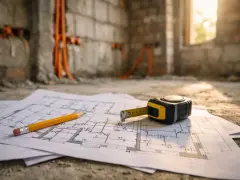 Plany budowy z ołówkiem i miarką leżą na ziemi. W tle widać ściany z widoczną instalacją elektryczną.