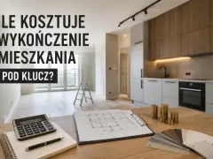 Ile kosztuje wykończenie mieszkania pod klucz? Kalkulator, plany, próbki materiałów i stosy monet sugerują planowanie budżetu.