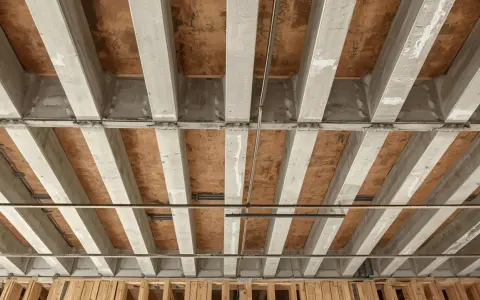 Widok od dołu na strop gęstożebrowy z betonowymi belkami i płytami OSB.