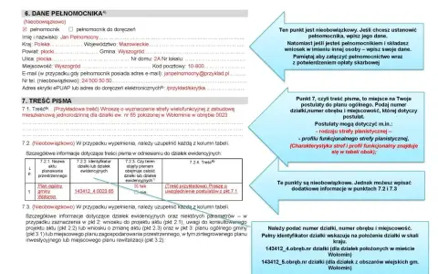 Wniosek dotyczy planu ogólnego gminy Wołomin, zawiera dane działki ewidencyjnej i postulaty dotyczące jej zagospodarowania. Podatek od nieruchomości jest tu kluczowy.