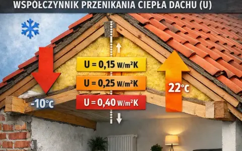 Przekrój dachu ilustruje współczynnik przenikania ciepła (U). Różne wartości U (0,15, 0,25, 0,40 W/m²K) pokazują izolację termiczną.