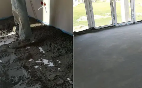 Prace budowlane: wylewanie posadzki z suchego betonu, a następnie gładka, gotowa powierzchnia.