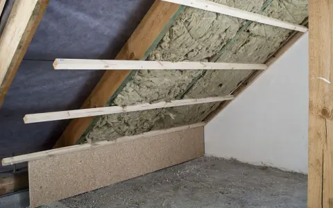 Izolacja wełną mineralną na poddaszu, widoczne drewniane belki konstrukcyjne i płyta OSB.