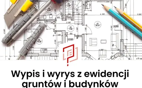Narzędzia budowlane na tle planu architektonicznego, symbolizujące przygotowania do uzyskania wypisu z rejestru gruntów.