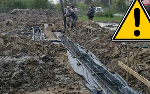 Pracownicy wylewają beton do wykopu, tworząc fundament. Widać zbrojenie i folię.