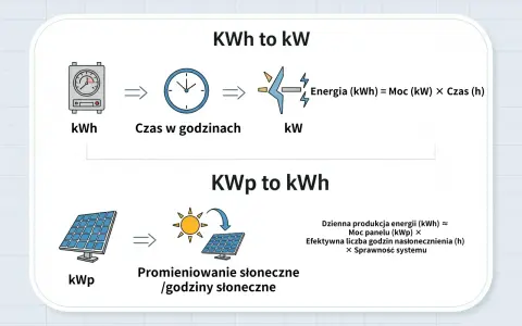 Schemat wyjaśnia, jak moc (kW) i czas (h) dają energię (kWh), a panele słoneczne (kWp) z nasłonecznieniem (h) obliczają dzienną produkcję energii w megawatogodzinach.