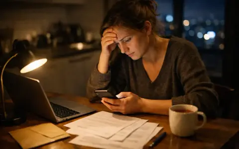 Zmartwiona kobieta przegląda dokumenty i telefon przy biurku. Może szuka informacji o darowiźnie.