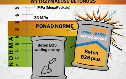 Beton B25 cena za m3. Wykres wytrzymałości betonu, norma 25 MPa, produkt "Beton B25 plus" ponad normę.