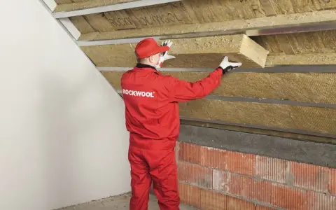 Pracownik w czerwonym kombinezonie Rockwool montuje izolację na ścianie szczytowej poddasza.