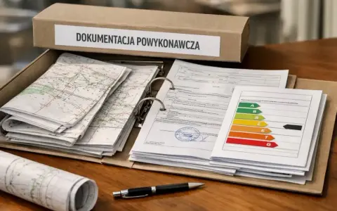 Dokumentacja powykonawcza: mapy, raporty i certyfikat energetyczny w teczce.