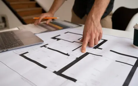 Dłoń wskazująca na plan mieszkania, obok laptop i próbki materiałów.