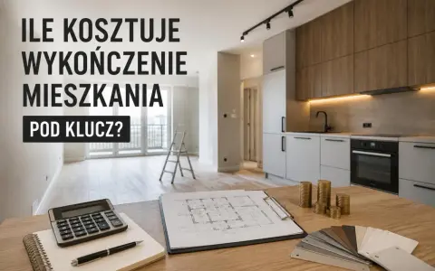 Ile kosztuje wykończenie mieszkania pod klucz? Kalkulator, plany, próbki materiałów i stosy monet sugerują planowanie budżetu.