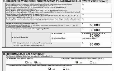 Formularz VAT z kwotą 30 000 zł do zwrotu na rachunek bankowy, co może być związane ze zwrotem VAT przy budowie domu.