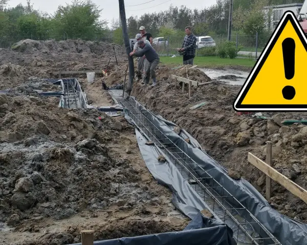 Pracownicy wylewają beton do wykopu, tworząc stopę fundamentową. Widać zbrojenie i folię.