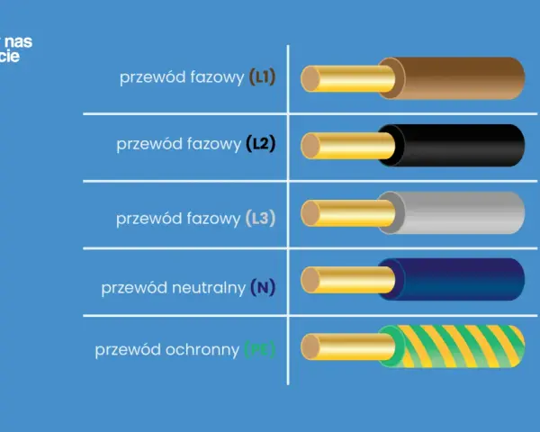 Przewody fazowe (L1, L2, L3) w kolorach brązowym, czarnym i szarym. Przewód neutralny (N) niebieski, a ochronny (PE) żółto-zielony. Poznaj kolory kabli!