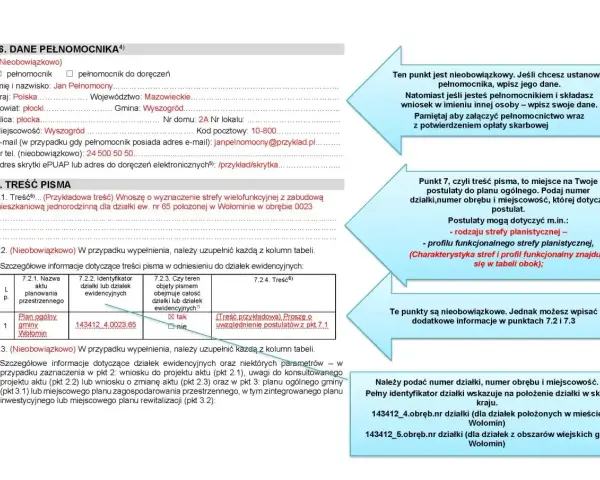 Wniosek dotyczy planu ogólnego gminy Wołomin, zawiera dane działki ewidencyjnej i postulaty dotyczące jej zagospodarowania. Podatek od nieruchomości jest tu kluczowy.