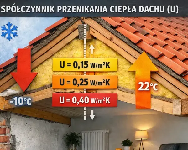 Przekrój dachu ilustruje współczynnik przenikania ciepła (U). Różne wartości U (0,15, 0,25, 0,40 W/m²K) pokazują izolację termiczną.