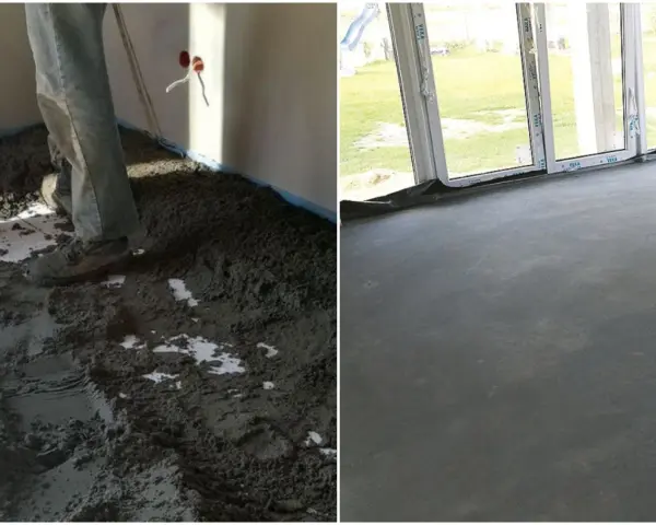 Prace budowlane: wylewanie posadzki z suchego betonu, a następnie gładka, gotowa powierzchnia.