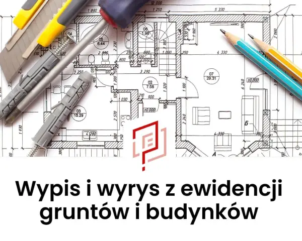 Narzędzia budowlane na tle planu architektonicznego, symbolizujące przygotowania do uzyskania wypisu z rejestru gruntów.