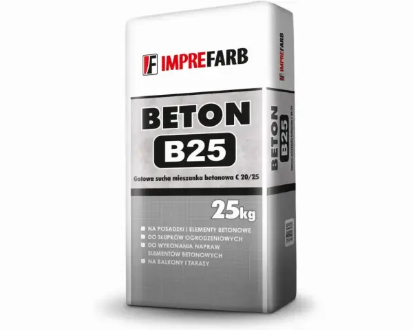 Worek betonu B25 Imprefarb 25kg. Zastanawiasz się, ile kosztuje worek cementu? Ten produkt jest idealny na posadzki, słupki ogrodzeniowe, balkony i tarasy.