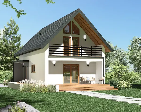 Nowoczesny dom z tarasem i balkonem, otoczony zielenią. Idealne gotowe domy pod klucz do 300 tys. dla rodziny.