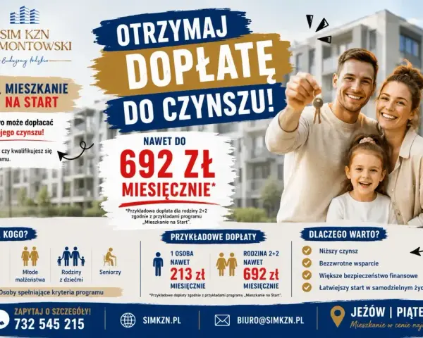 Szczęśliwa rodzina z kluczami do mieszkania. Program "Mieszkanie na Start" oferuje dopłatę do czynszu, ułatwiając start w samodzielnym życiu.