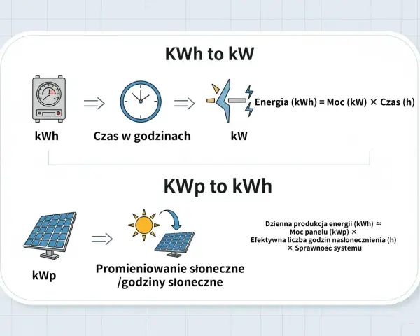 Schemat wyjaśnia, jak moc (kW) i czas (h) dają energię (kWh), a panele słoneczne (kWp) z nasłonecznieniem (h) obliczają dzienną produkcję energii w megawatogodzinach.