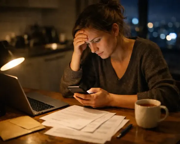 Zmartwiona kobieta przegląda dokumenty i telefon przy biurku. Może szuka informacji o darowiźnie.