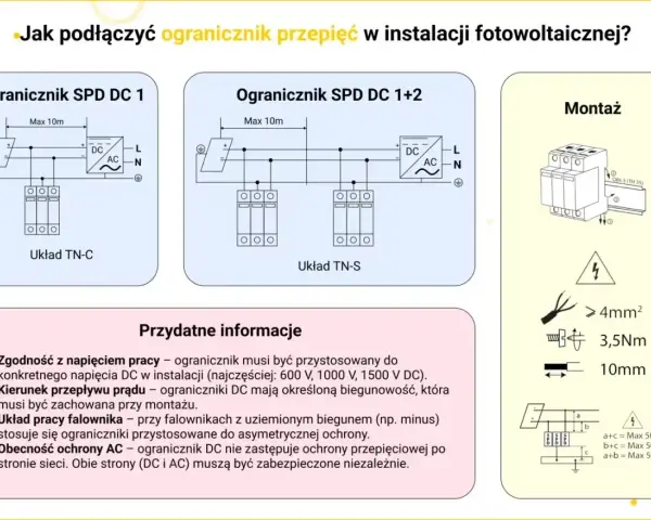 Schematy podłączenia ogranicznika przepięć w instalacji fotowoltaicznej. Montaż, parametry i przydatne informacje.