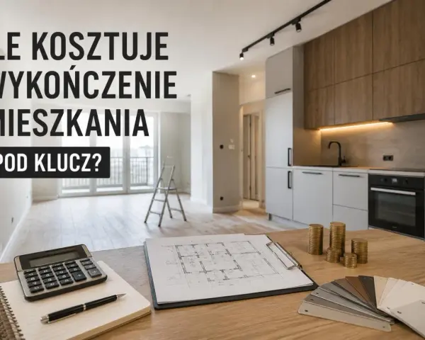 Ile kosztuje wykończenie mieszkania pod klucz? Kalkulator, plany, próbki materiałów i stosy monet sugerują planowanie budżetu.