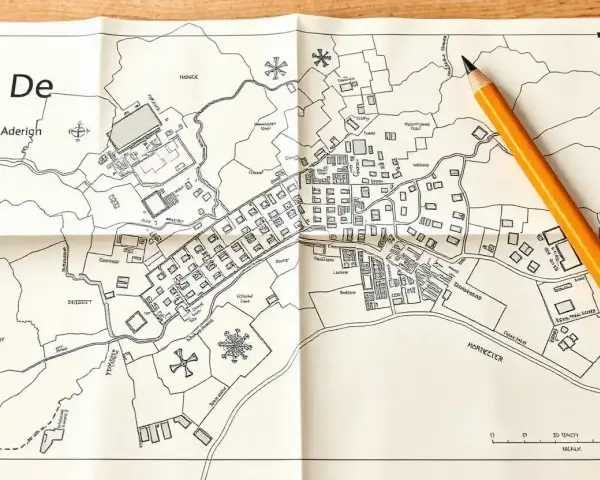 Ołówek spoczywa na złożonej mapa do celów projektowych przedstawiającej miasto z budynkami, rzeką i polami.