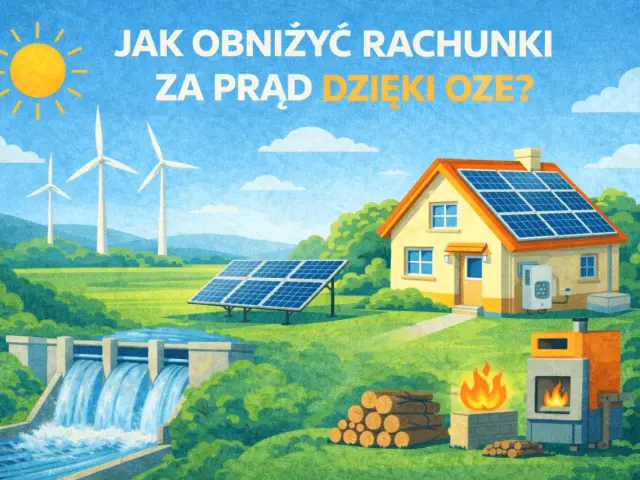 Dom z panelami słonecznymi, wiatraki i zapora wodna pokazują, jak odnawialne źródła energii pomagają obniżyć rachunki za prąd.