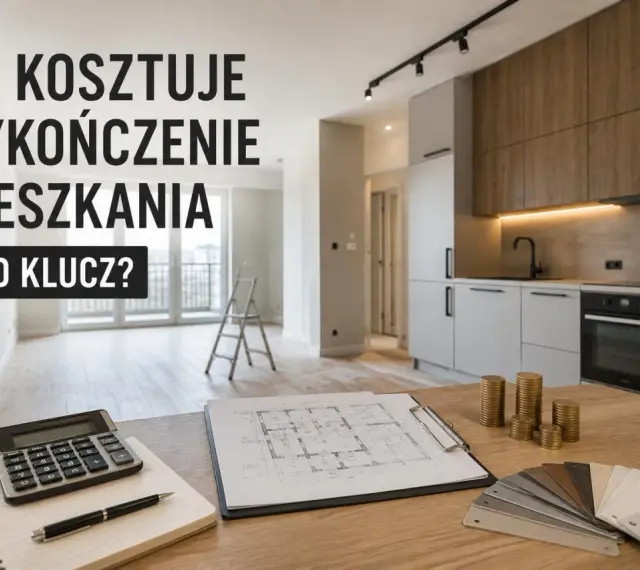 Ile kosztuje wykończenie mieszkania pod klucz? Kalkulator, plany, próbki materiałów i stosy monet sugerują planowanie budżetu.