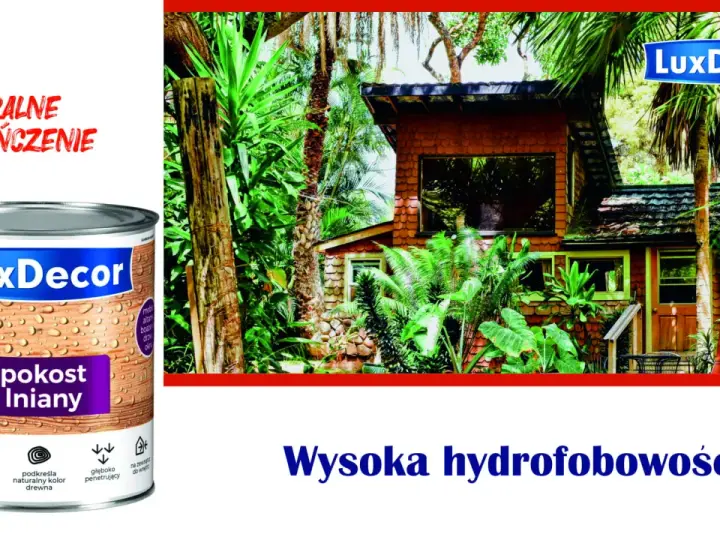 Puszka pokostu Iniany LuxDecor na tle tropikalnego domku. Produkt podkreśla naturalny kolor drewna i chroni przed wodą.