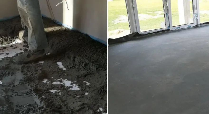 Prace budowlane: wylewanie posadzki z suchego betonu, a następnie gładka, gotowa powierzchnia.